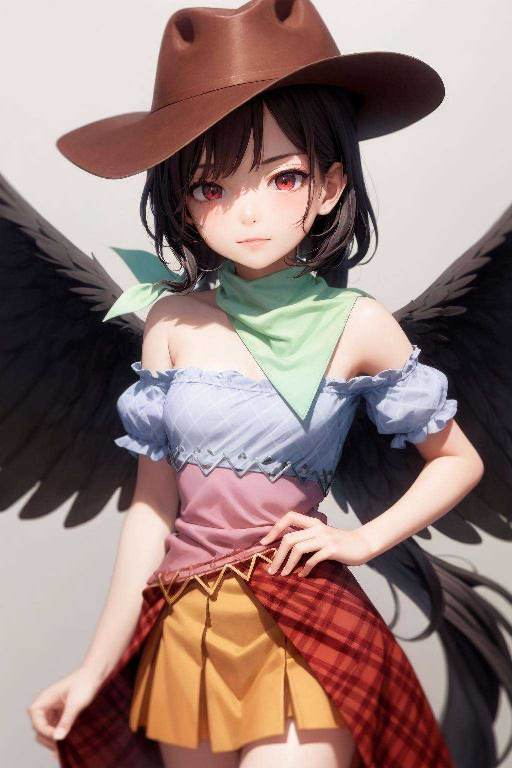 masterpiece, best quality,  <lora:KurokomaSaki:1>,kurokoma saki, 1girl,cowboy hat,black hair,long hair,ponytail,red eyes,bandana, white scarf,multicolored clothes,bare shoulder,short sleeves,blue shirt,wings,multicolored dress, brown skirt,plaid skirt,overskirt,horse tail, 