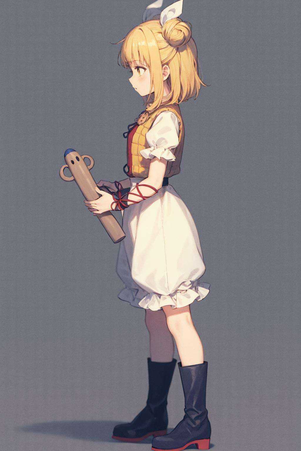 masterpiece, best quality, <lora:JoutouguMayumi:1>, 1girl, joutouguu mayumi, ribbon, white ribbon, haniwa (statue), short sleeves, hair bun, hair ribbon, puffy sleeves, black footwear, blonde hair, puffy short sleeves, boots, double bun, short hair, standing, solo, holding, bangs, full body, yellow eyes, white shirt, shirt, dress, armor, bloomers, profile, underwear, vambraces, grey background, red ribbon, shadow