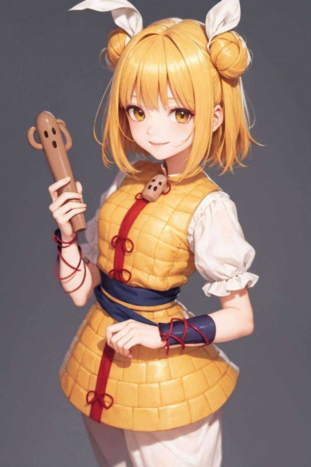 masterpiece, best quality, <lora:JoutouguMayumi:1>, joutouguu mayumi,1girl,double bun,blonde hair,short hair,hair ribbon,yellow eyes, short sleeves,vambraces, armored dress, white shirt,white pants,holding,haniwa (statue),grey background, smile,