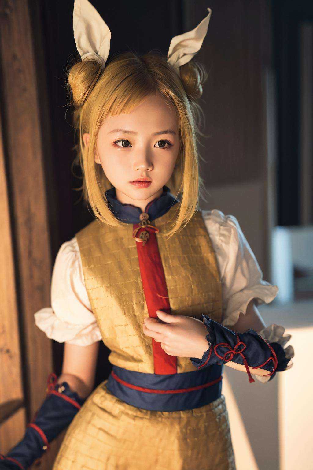 masterpiece, best quality,8K,realistic, High definition, photography, depth of field,HDR, highres,(photoshop \(medium\):1.2) ,20yo,mature female,  <lora:JoutouguMayumi:1>, joutouguu mayumi,1girl,double bun,blonde hair,short hair,hair ribbon,yellow eyes, short sleeves,vambraces, armored dress, 