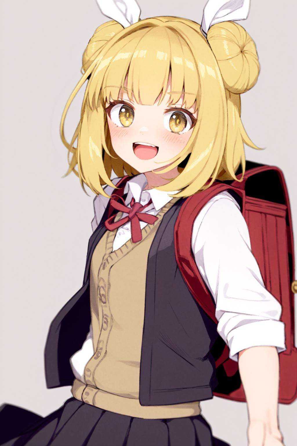 masterpiece, best quality, <lora:style04:1>, <lora:JoutouguMayumi:1>, 1girl, joutouguu mayumi, double bun, blonde hair, solo, bag, hair bun, shirt, red bow, open mouth, ribbon, yellow eyes, white shirt, short hair, haniwa (statue), hair ribbon, simple background, skirt, red bowtie, white ribbon, smile, bow, collared shirt, backpack, school uniform, blush, grey background, bangs, black skirt, bowtie, sweater vest, looking at viewer, alternate costume, teeth, upper teeth only, notice lines, red ribbon, vest