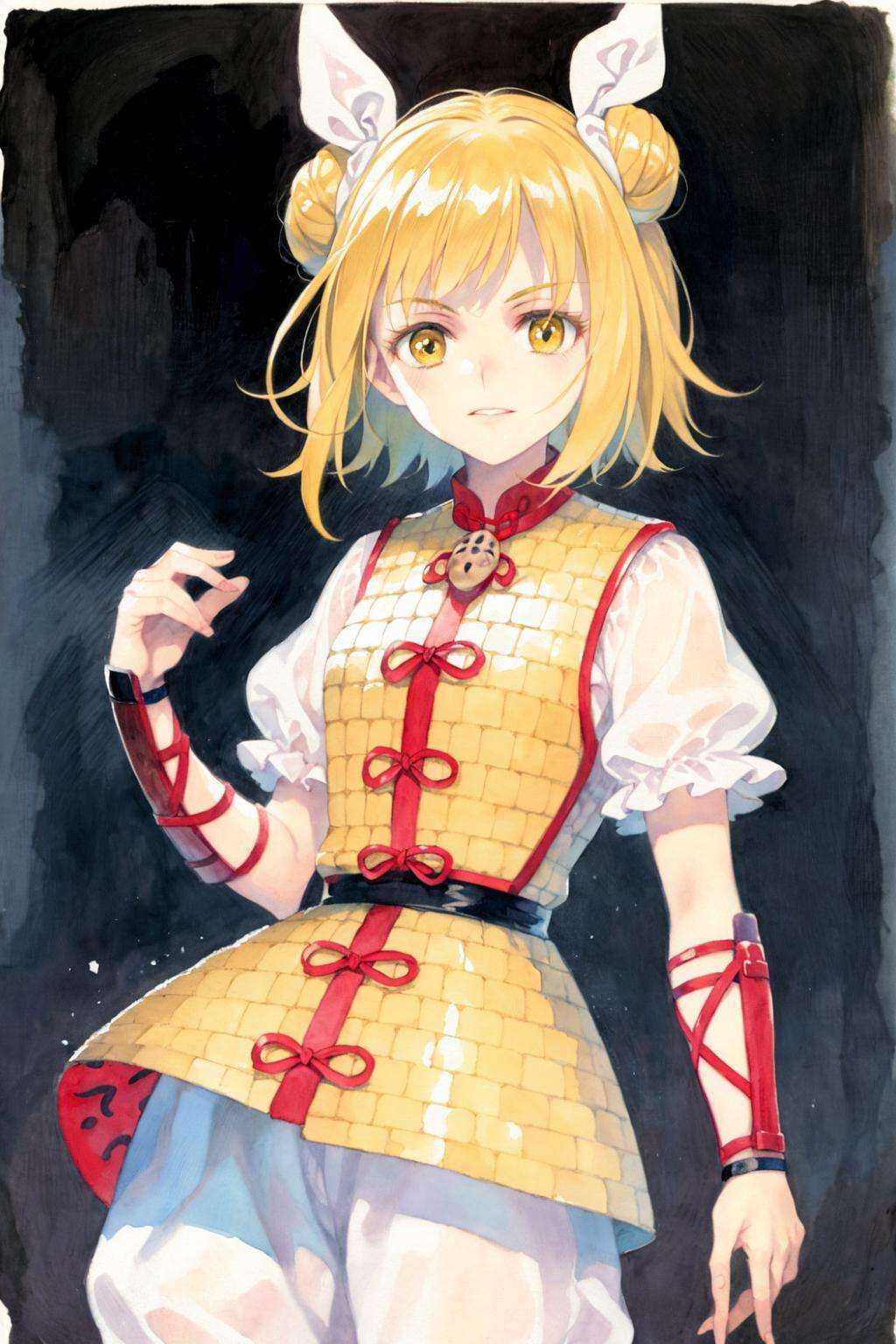 masterpiece, best quality, <lora:JoutouguMayumi:1>, <lora:style19:1>,watercolor \(medium\), traditional media, joutouguu mayumi,1girl,double bun,blonde hair,short hair,hair ribbon,yellow eyes, short sleeves,vambraces, armored dress, white shirt,white pants,