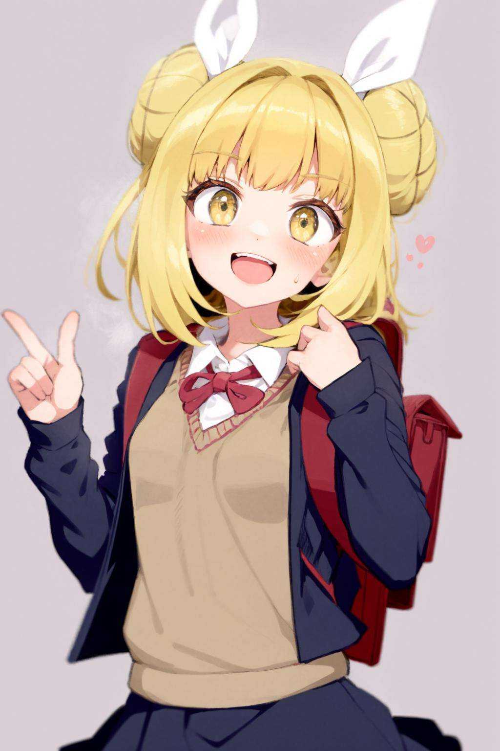 masterpiece, best quality, <lora:style04:1>, <lora:JoutouguMayumi:1>, 1girl, joutouguu mayumi, double bun, blonde hair, solo, bag, hair bun, shirt, red bow, open mouth, ribbon, yellow eyes, white shirt, short hair, haniwa (statue), hair ribbon, simple background, skirt, red bowtie, white ribbon, smile, bow, collared shirt, backpack, school uniform, blush, grey background, bangs, black skirt, bowtie, sweater vest, looking at viewer, alternate costume, teeth, upper teeth only, notice lines, red ribbon, vest