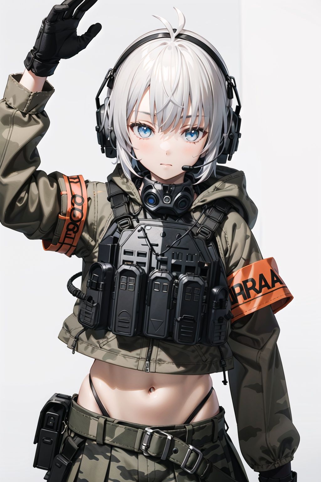 best quality,masterpiece,1girl,solo,solo focus,<lora:hasuki7:0.4>,hasuki,gloves,antenna hair,headphones,headset,armband,load bearing vest,boots,skirt,blue eyes,camouflage,knee pads,shorts,hood,uniform,jacket,military uniform,looking at viewer,upper body,simple background,closed mouth,