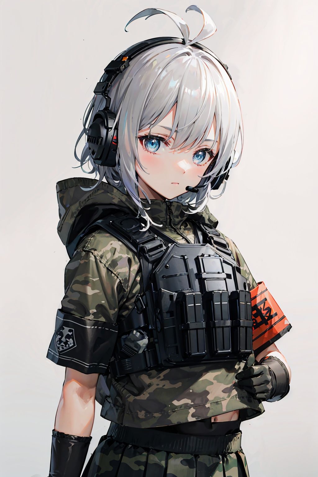 best quality,masterpiece,1girl,solo,solo focus,<lora:hasuki7:0.4>,hasuki,gloves,antenna hair,headphones,headset,armband,load bearing vest,boots,skirt,blue eyes,camouflage,knee pads,shorts,hood,uniform,jacket,military uniform,looking at viewer,upper body,simple background,closed mouth,grey hair,