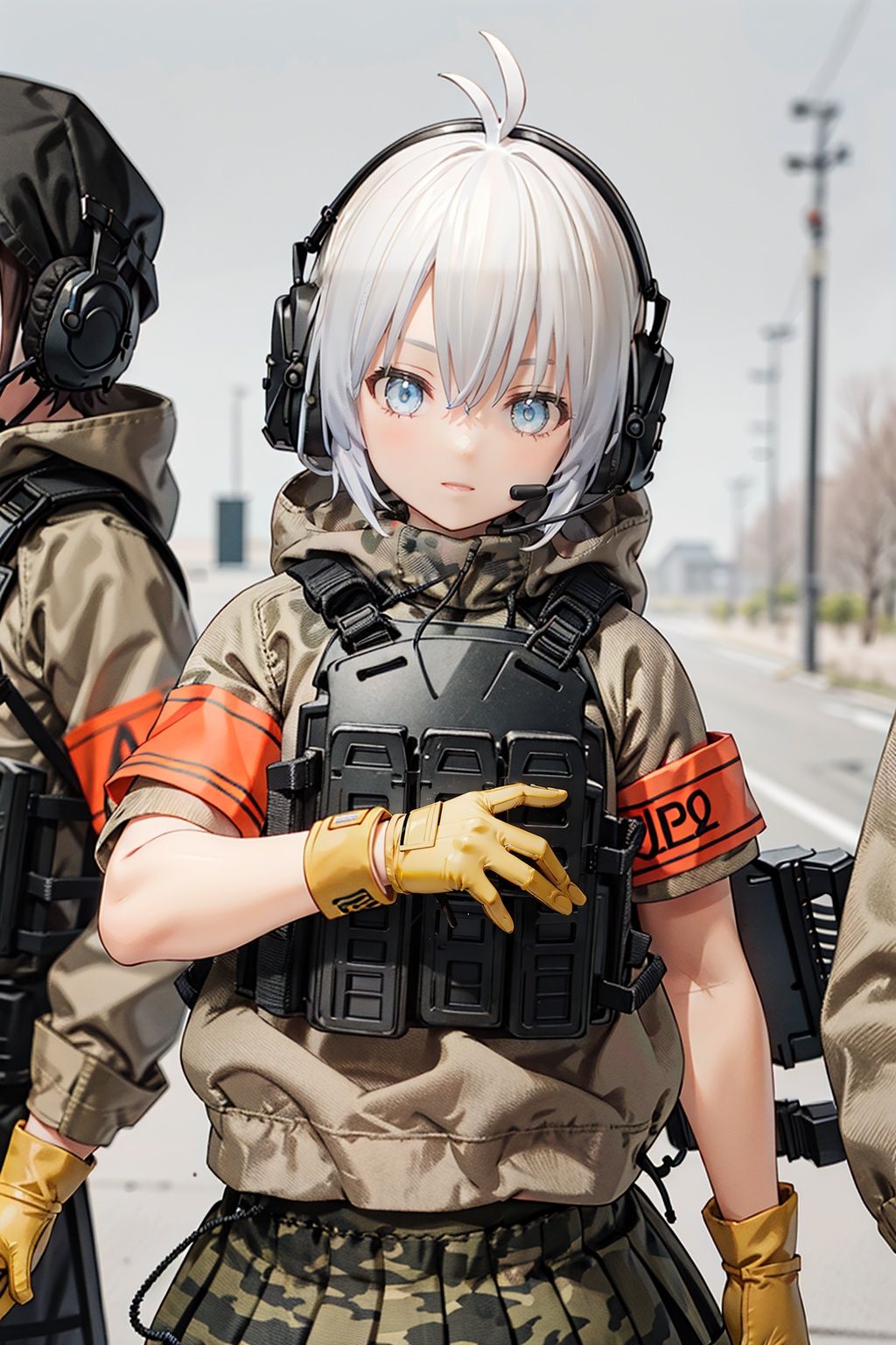 best quality,masterpiece,1girl,solo,solo focus,<lora:hasuki7:0.6>,hasuki,gloves,antenna hair,headphones,headset,armband,load bearing vest,boots,skirt,blue eyes,camouflage,knee pads,shorts,hood,uniform,jacket,military uniform,looking at viewer,(outdoors:1.2),upper body,