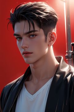 1boy,red background,absurdres,masterpiece,highres,intricately detailed,a gay man,sexy,muscular,strutting outdoors,gorgeous eyes,detailed face,pouring rain,outdoors,global illumination,subsurface scattering,
