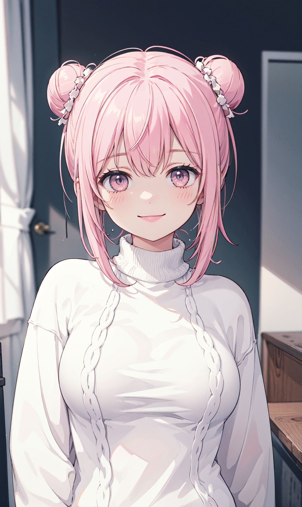 masterpiece, best quality, absurdres, perfect anatomy, 1girl, solo, pink hair, hair bun, turtleneck sweater, upper body, large breasts, smile
