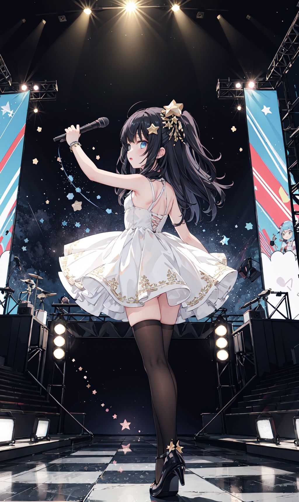 1girl, solo, long hair, black hair, hair ornament, thighhighs, dress, holding, standing, full body, from behind, star (symbol), arm up, high heels, two side up, microphone, star hair ornament, idol, crowd, stage, stage lights, glowstick, concert, audience, Anime