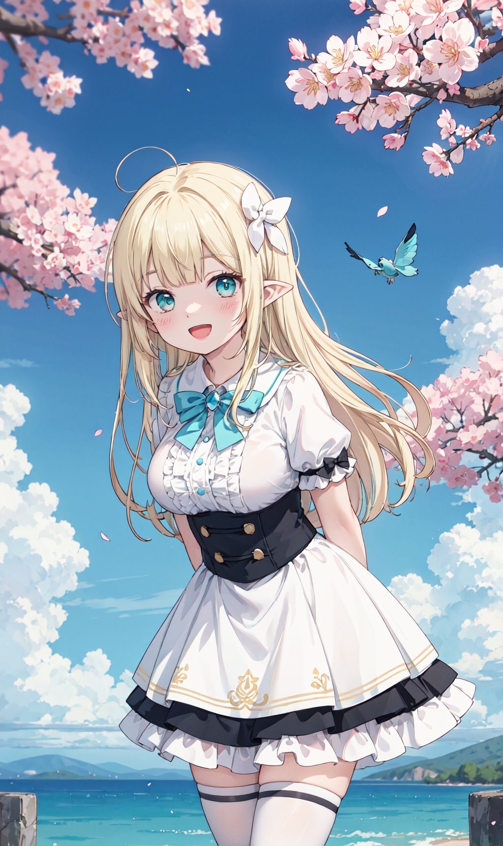 masterpiece, best quality, highres, aasaren, long hair, blonde hair, hair bow, black bow, hair ornament, blunt bangs, pointy ears, large breasts, brooch, white cape, aqua dress, underbust, short sleeves, white gloves, white skirt, frilled skirt, white thighhighs, , arms behind back, smile, open mouth, leaning forward, standing, outdoors, cherry blossoms