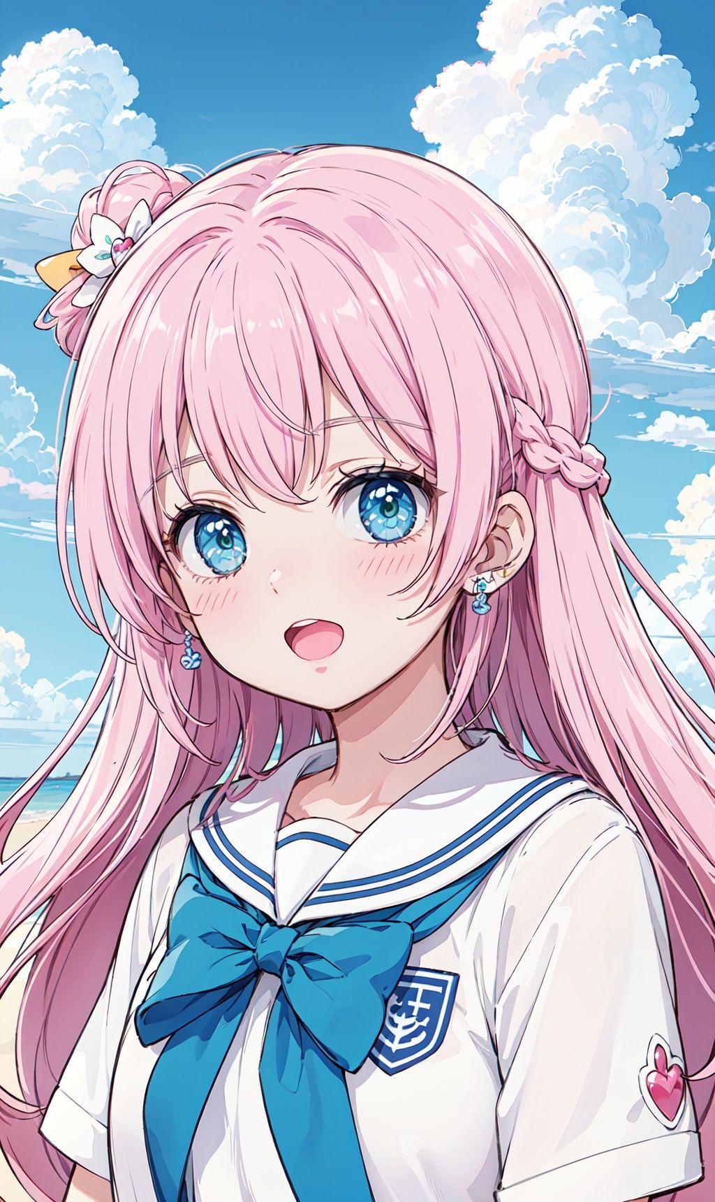 best quality, masterpiece, highres, solo, (cure_prism_hirogaruskyprecure:1.15), long_hair, green_eyes, pink_hair, bow, open_mouth, bangs, smile, white_bow, 1girl, blue_sky, cloud, day, outdoors, sailor_collar, shirt, sky, :o, pink_shirt, white_sailor_collar, looking_at_viewer, school_uniform, anime_coloring, bowtie, cloudy_sky, upper_body, white_bowtie, portrait, parody
