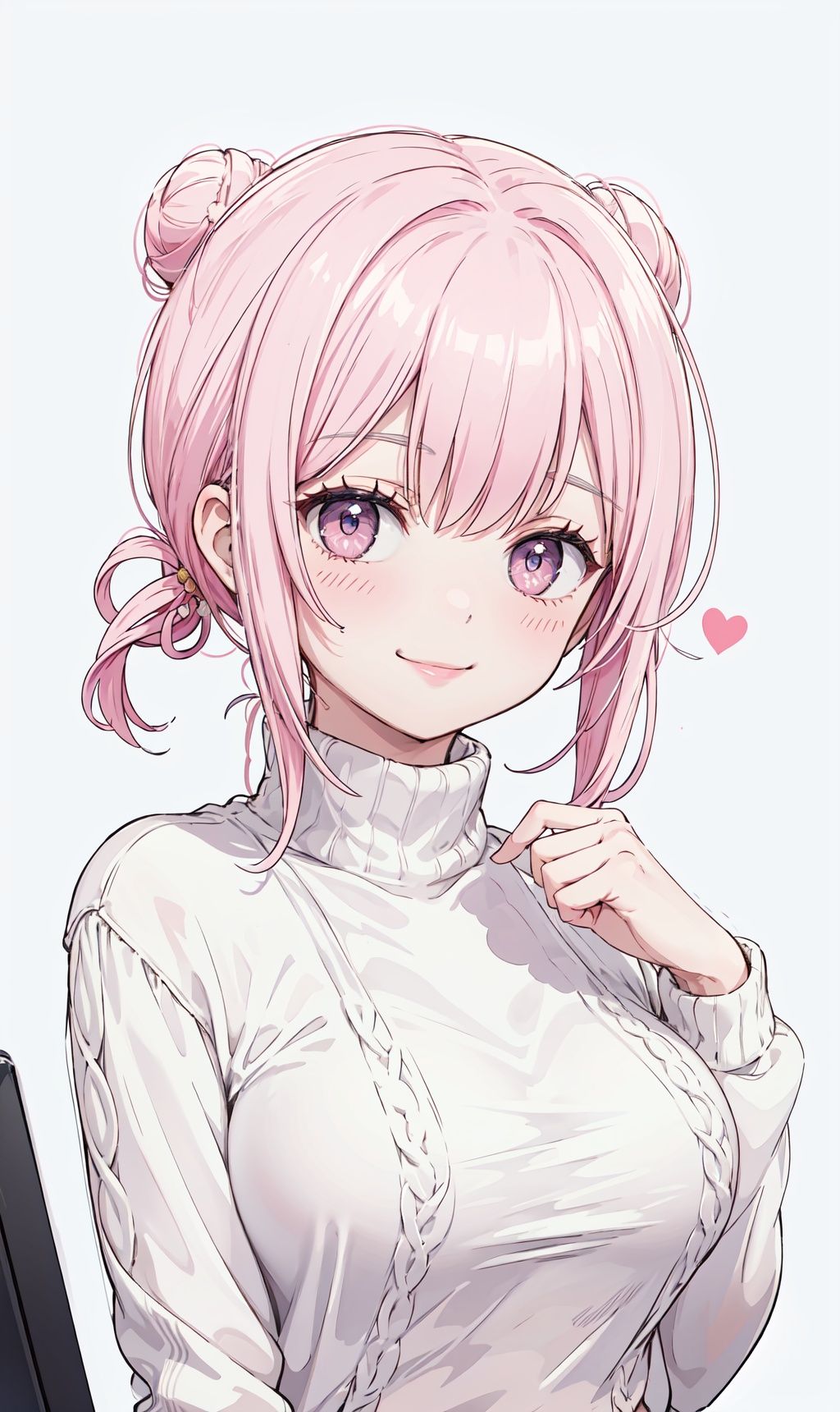 masterpiece, best quality, absurdres, perfect anatomy, 1girl, solo, pink hair, hair bun, turtleneck sweater, upper body, large breasts, smile
