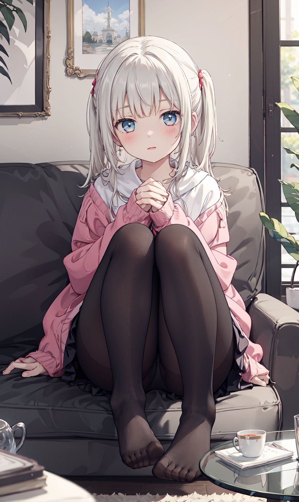 solo, 1girl, indoors, kneeling on sofa, hands resting on the sofa, legs close together with feet apart, wearing black pantyhose

