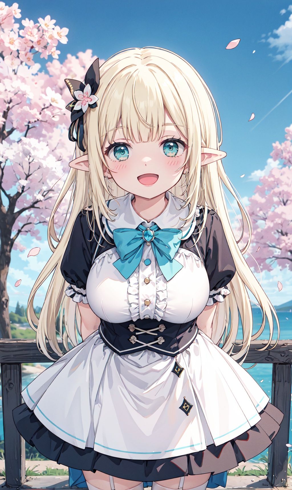 masterpiece, best quality, highres, aasaren, long hair, blonde hair, hair bow, black bow, hair ornament, blunt bangs, pointy ears, large breasts, brooch, white cape, aqua dress, underbust, short sleeves, white gloves, white skirt, frilled skirt, white thighhighs, , arms behind back, smile, open mouth, leaning forward, standing, outdoors, cherry blossoms