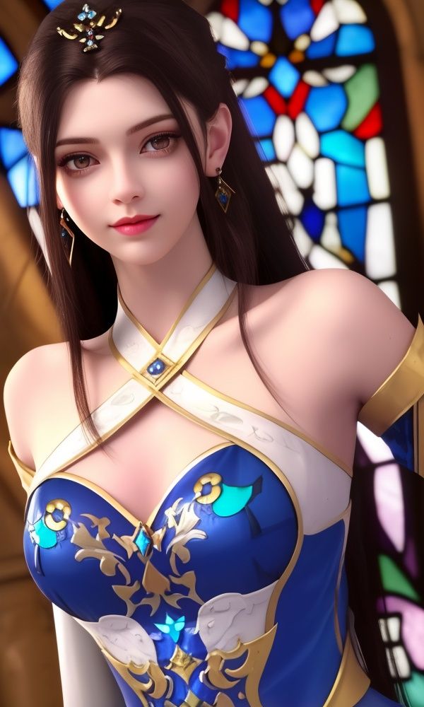 (,1girl, ,best quality, )<lora:334-DA-仙武传-上官婉儿:0.7>,, (close-up portrait),(upper body:1.22),(realistic:1.11),(Photo-referencing),HDR,Studio Lighting,Soft Lighting, (symmetric beautiful detailed eyes),Sparkling eyes,red eye shadow,(long eyelashes), a slender petite little girl,Delicate muscle lines,(Skinny body),(solo:1.5),( looking at viewer:1.22),The white shiny skin, (smirk:1.2),(dynamic pose),(arms behind back),arms at sides, (very long payot),(Absurdly long Brown straight hair:1.22),parted bangs, (floating hair), (jewelry:1.17), necklace, earrings,(colorful:1.27),(stained glass background),(dress:1.17),,