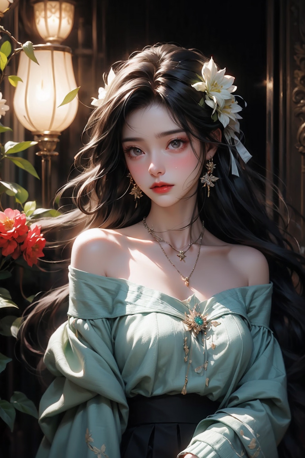 1 girl, jewelry, solo, earrings, long hair, forehead markings, black hair, necklace, bare shoulders, flowers, red lips, hair flowers, upper body, skirt, off shoulder, facial markings, head down, makeup, lips, candles, collarbones, long sleeves, tears streaming down, crying, Tyndall effect, 8k, large aperture, masterpiece of the century, sit, maple leaf, doorway, corridor, Sun on face,
