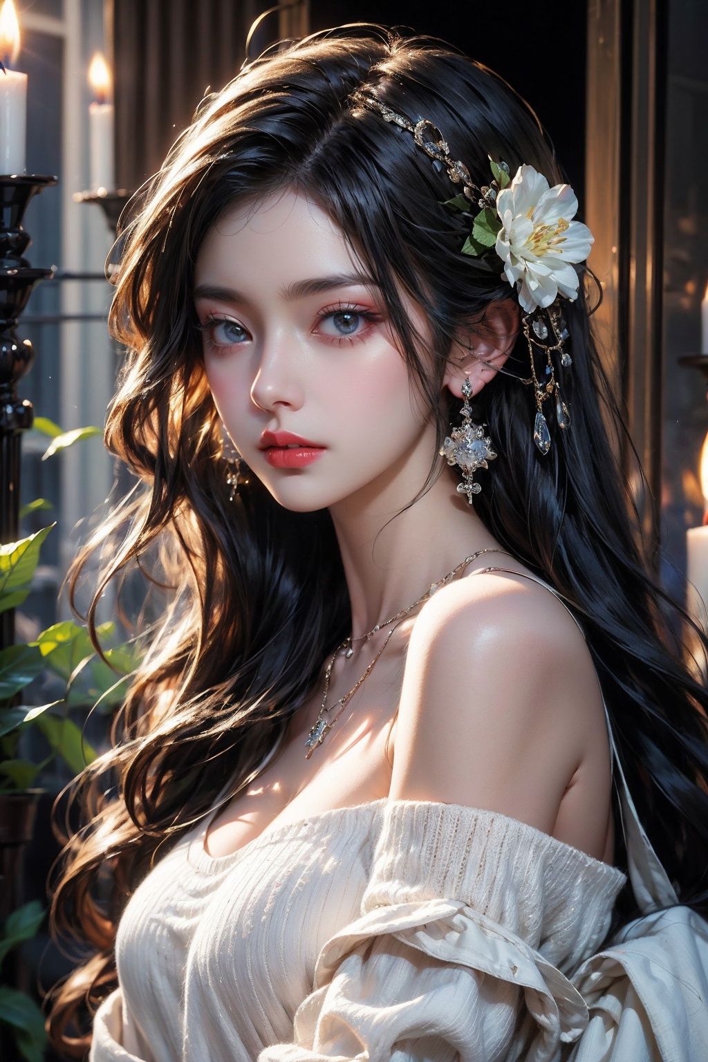 {{masterpiece}}, {best quality}}, {superfine}, {{extremely thin}, 4K, {8K}, best quality, {beauty}, a girl, solo, white knitwear, jewelry, earrings, long hair, black hair, necklace, bare shoulders, flowers, red lips, hair accessories, upper body, off shoulder, powder blusher, makeup, lips, candles, collarbone, long sleeves, Tyndall effect, 8K, big halo, century masterpiece, corridor,

