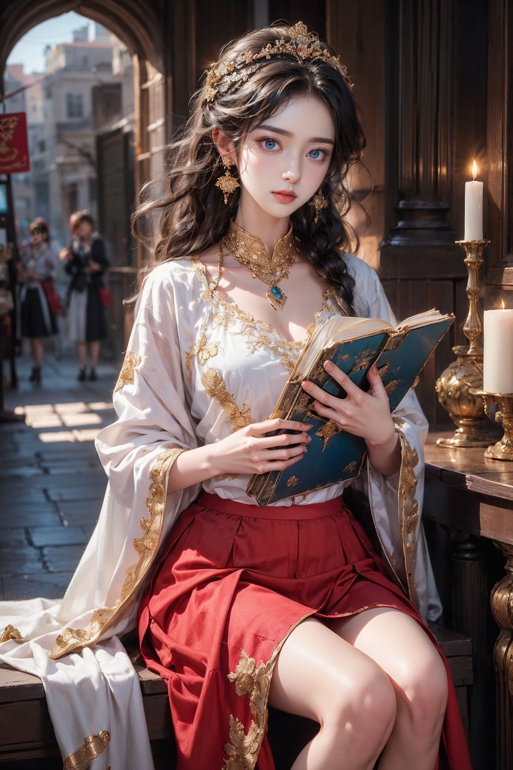 Girl, red skirt, white shawl, antique style earrings, golden puppets, holding ancient books, 8K, eyebrow stickers, RAW, best quality, masterpiece, super high resolution, best quality, beautiful cold light, contour light, hair light, focus eyes,
