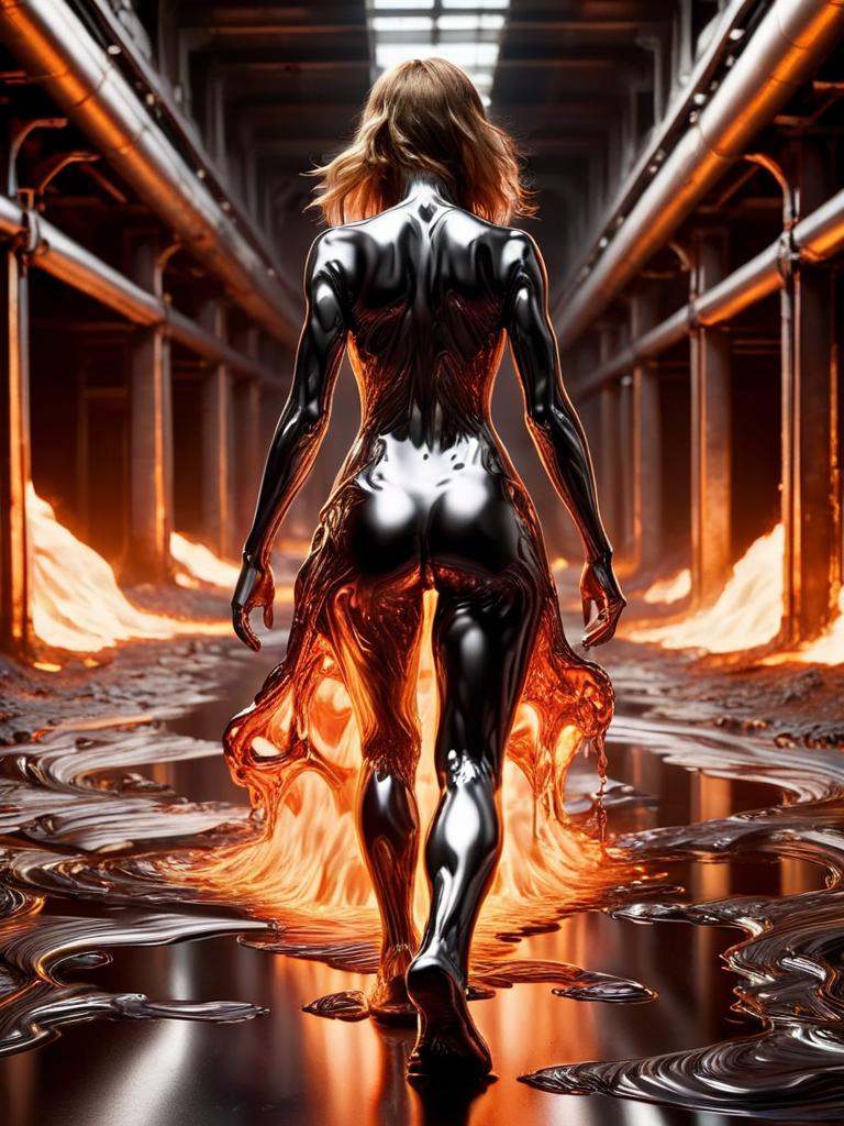 ral-chrome ,  female from behind running in molten lava,  floor is lava on Tensor.Art