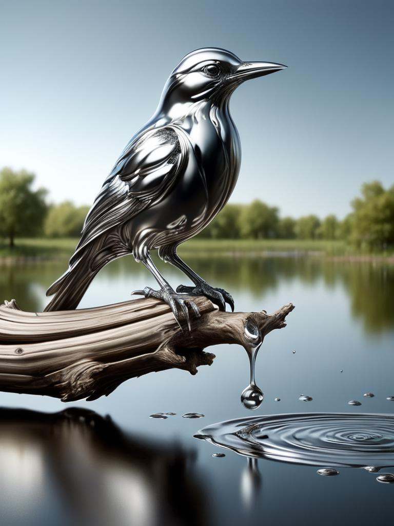 ral-chrome,  bird,  sitting on a lake on a branch from a tree on Tensor.Art