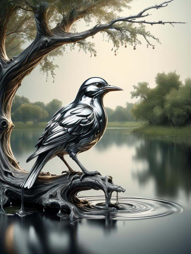 ral-chrome,  bird,  sitting on a lake on a branch from a tree on Tensor.Art