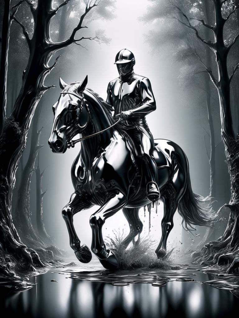 ral-chrome,  horse riding through dark mythical forest,  while dripping chrome on Tensor.Art