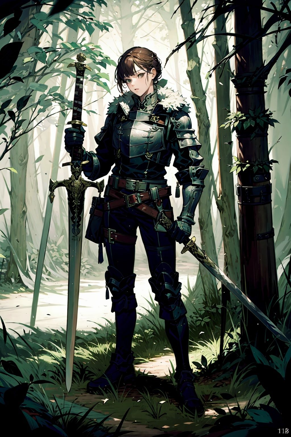  absurdres,incredibly absurdres,reality,realistic,,(solo:1.2),(1girl:1.2),,full_shot,Swordman,In the deep forest