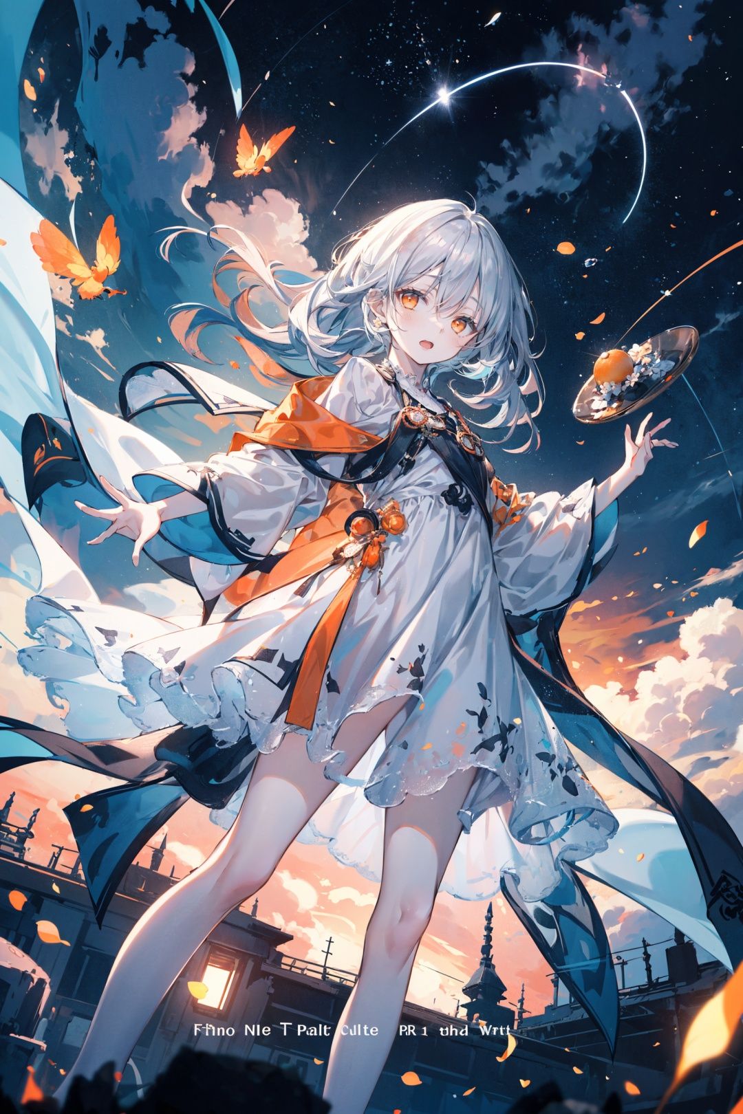  (From below,long shot,wide shot,panorama),1girl,cuteloli,white dress, sliver hair,orange eyes,half closed eyes, open mouth,stretch hand,looking at viewer,((in the sky,suspended body,flying)),dark cloud,tyndall effect,(english text),backlight, xinniang,vibrantProj