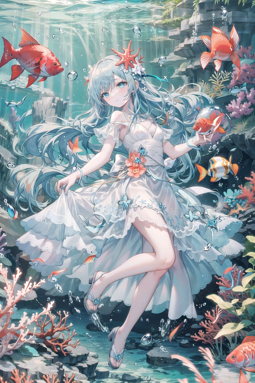  (1girl:0.6),thin,very long hair,(blue hair),white hair ends,small breasts,sea blue eyes,closed mouth,white dress,([coral like hairpin]),happy,bubble,fish,sand,seabed,full body,masterpiece,best quality,official art,extremely detailed CG unity 8k wallpaper,vibrantProj