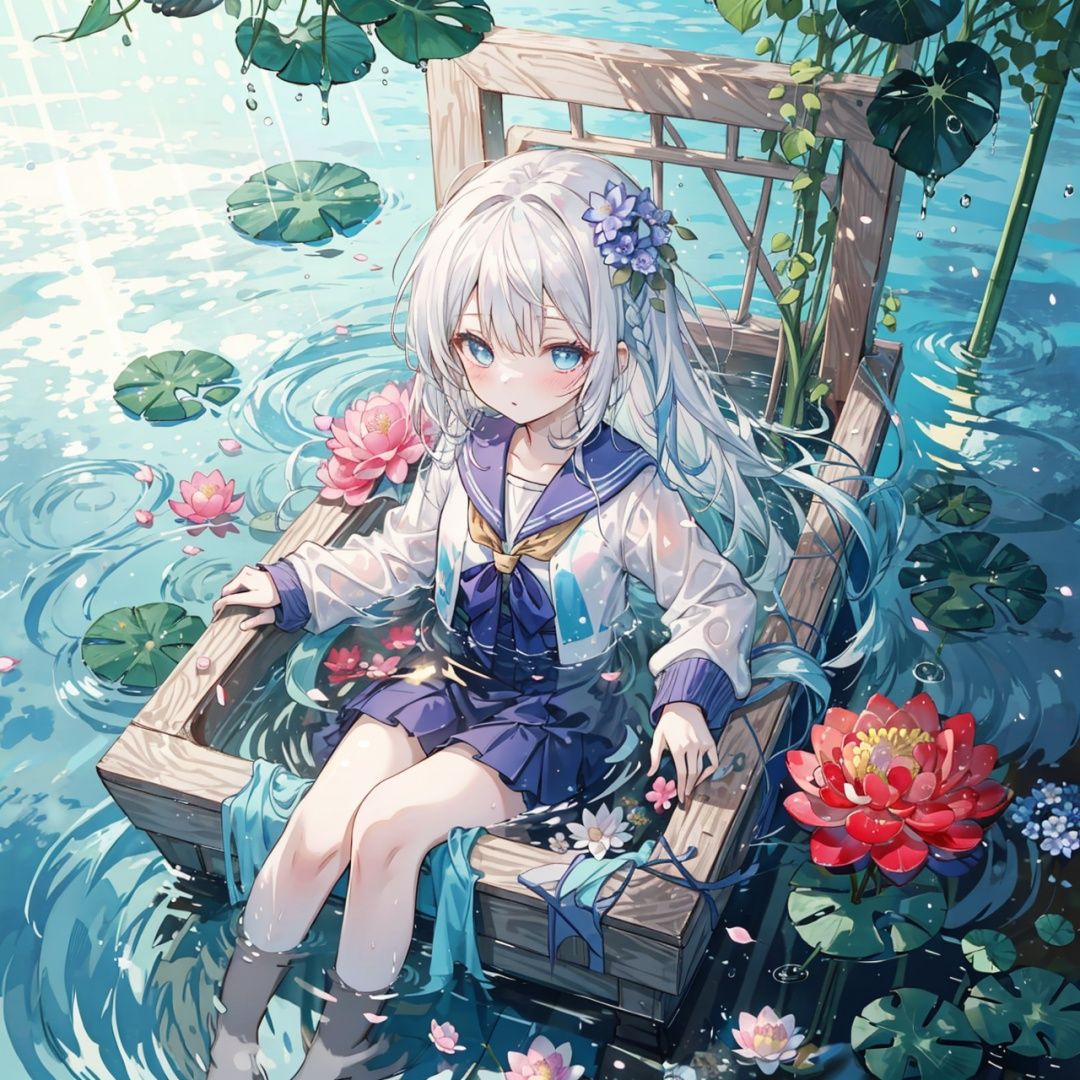  loli,petite,long hair,floating hair,messy hair,1girl,white hair, white jacket,afloat, air bubble, bathtub, beach, berry, blue eyes, blue flower, bouquet, bow, braid, bubble, camellia, caustics, clover, coral, daisy, floral background, flower, food, fruit, hibiscus, horizon, hydrangea, in water, leaf, lily \(flower\), lily of the valley, lily pad, long sleeves, looking at viewer, lotus, ocean, partially submerged, petals on liquid, pink flower,purple flower, rain, red flower, ripples, rose, sailor collar, shallow water, snowflakes, soaking feet, solo, submerged,waves, white rose, yellow flower,vibrantProj,backlight