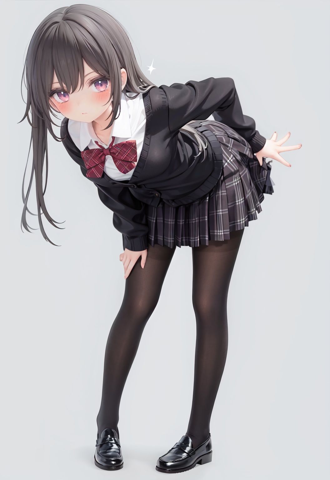  1girl, solo, pantyhose, skirt, long hair, loafers, shoes, simple background, school uniform, brown eyes, plaid, black pantyhose, plaid skirt, looking at viewer, black hair, pantyhose pull, full body, clothes pull, black footwear, pleated skirt, leaning forward, bangs, long sleeves, bent over, cardigan, bow, bowtie, standing, closed mouth, pulled by self, grey background, blush, miniskirt, red bow, sweater, **********