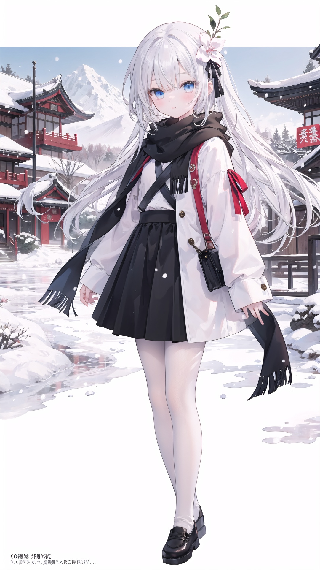  (1girl:0.6),thin,very long hair,white hair,small breasts,blue eyes,closed mouth,(black scarf),white coat,black skirt,socks,happy,couldly,sky,snow,mountain,pine tree,plum blossom,(red-crowned crane),(Chinese style building),masterpiece,best quality,official art,extremely detailed CG unity 8k wallpaper,cozy anime,backlight, mahiro, [(white background:1.5)::5], (wide shot:0.95), Dynamic angle, fanxing, (full body), cozy anime, white pantyhose