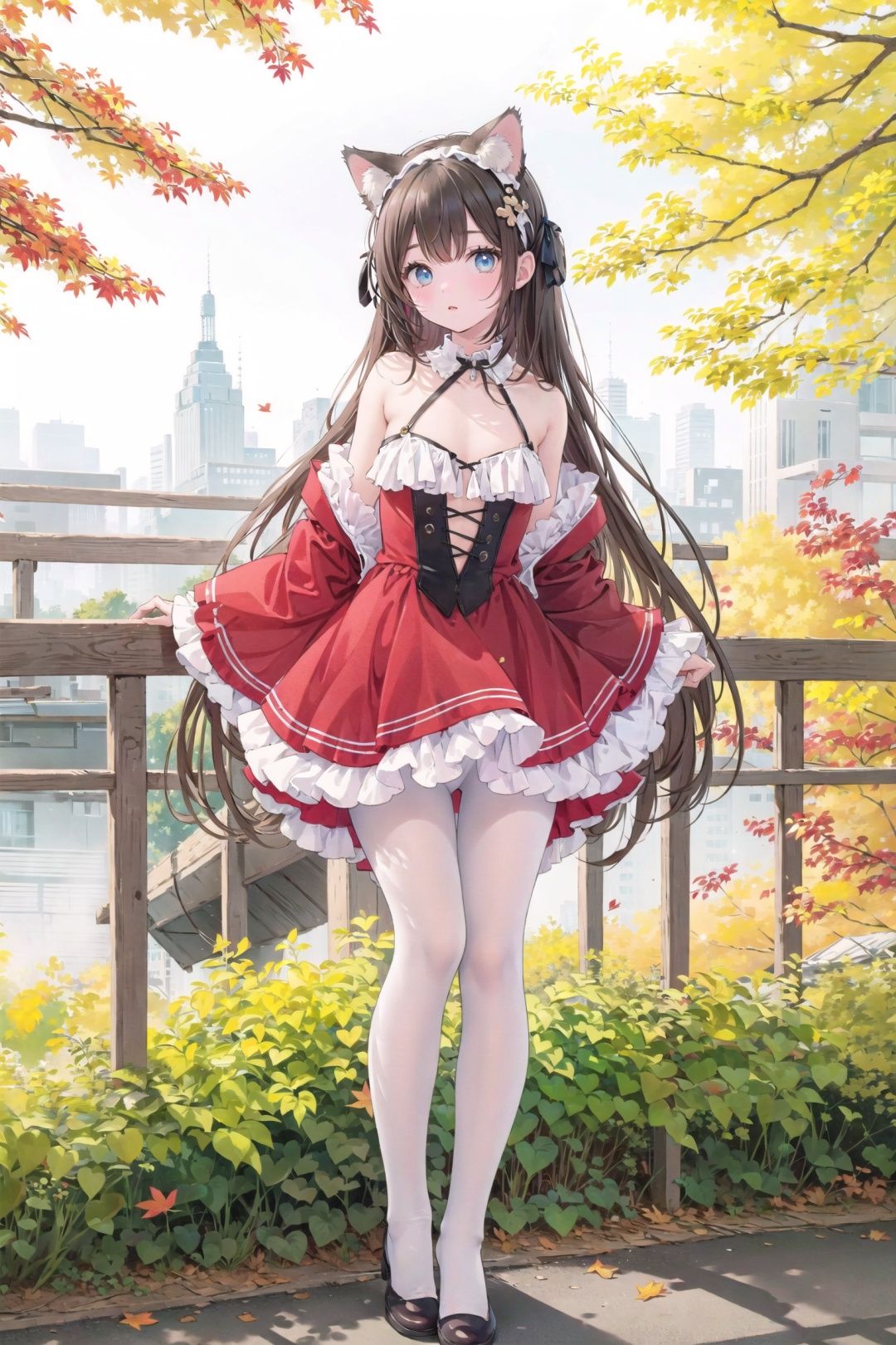  (very long hair, cowboy shot, 4349, 4349, 4349, 4349:1), 1girl, solo, animal ears, long hair, blue eyes, looking at viewer, cat ears, (fallen leaves,maple,autumn), outdoors,(((red dress)), bare shoulders), very long hair, frills, black hair, brown hair, hairband,(full body, wide shot, mid shot, panorama),white pantyhose,backlight,revealing clothes