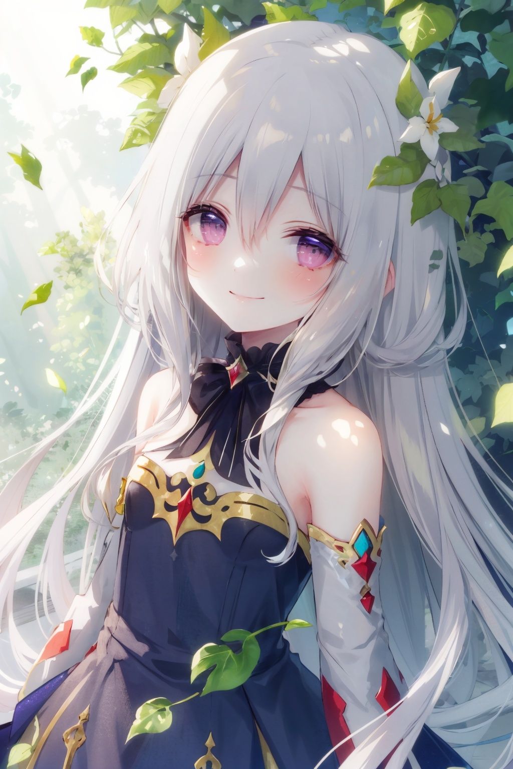 1girl, long hair, plant, looking at viewer, leaf, flower, red eyes, silver hair,  kokkoro \(princess connect!\), bangs, hair between eyes, very long hair, bare shoulders, dress, solo, vines<lora:shirotamakohdLycoris:0.6>,