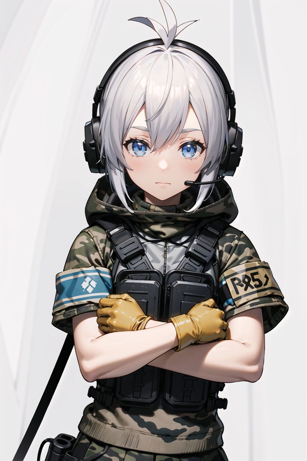 best quality,masterpiece,1girl,solo,solo focus,hasuki,gloves,antenna hair,headphones,headset,armband,load bearing vest,boots,skirt,blue eyes,camouflage,knee pads,shorts,hood,uniform,jacket,military uniform,looking at viewer,simple background,closed mouth,grey hair,upper body,looking away,<lora:波部萨沙V2.0:0.4>,
