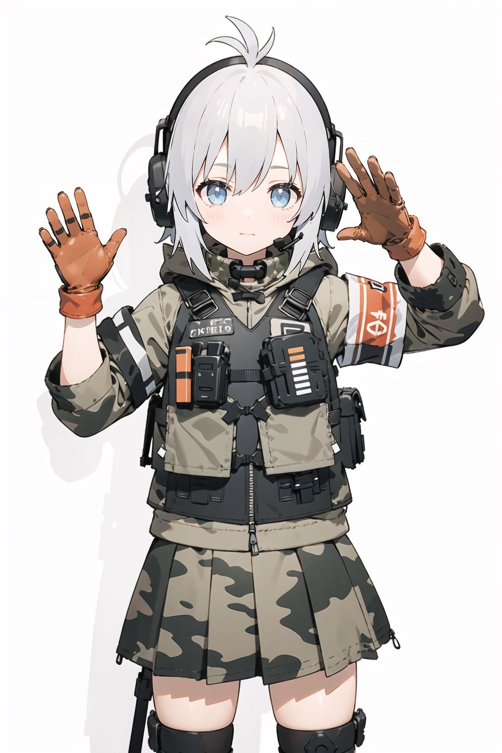 best quality,masterpiece,1girl,solo,solo focus,hasuki,gloves,antenna hair,headphones,headset,armband,load bearing vest,boots,skirt,blue eyes,camouflage,knee pads,shorts,hood,uniform,jacket,military uniform,looking at viewer,simple background,closed mouth,grey hair,<lora:hasuki8:0.4>,upper body,waving,