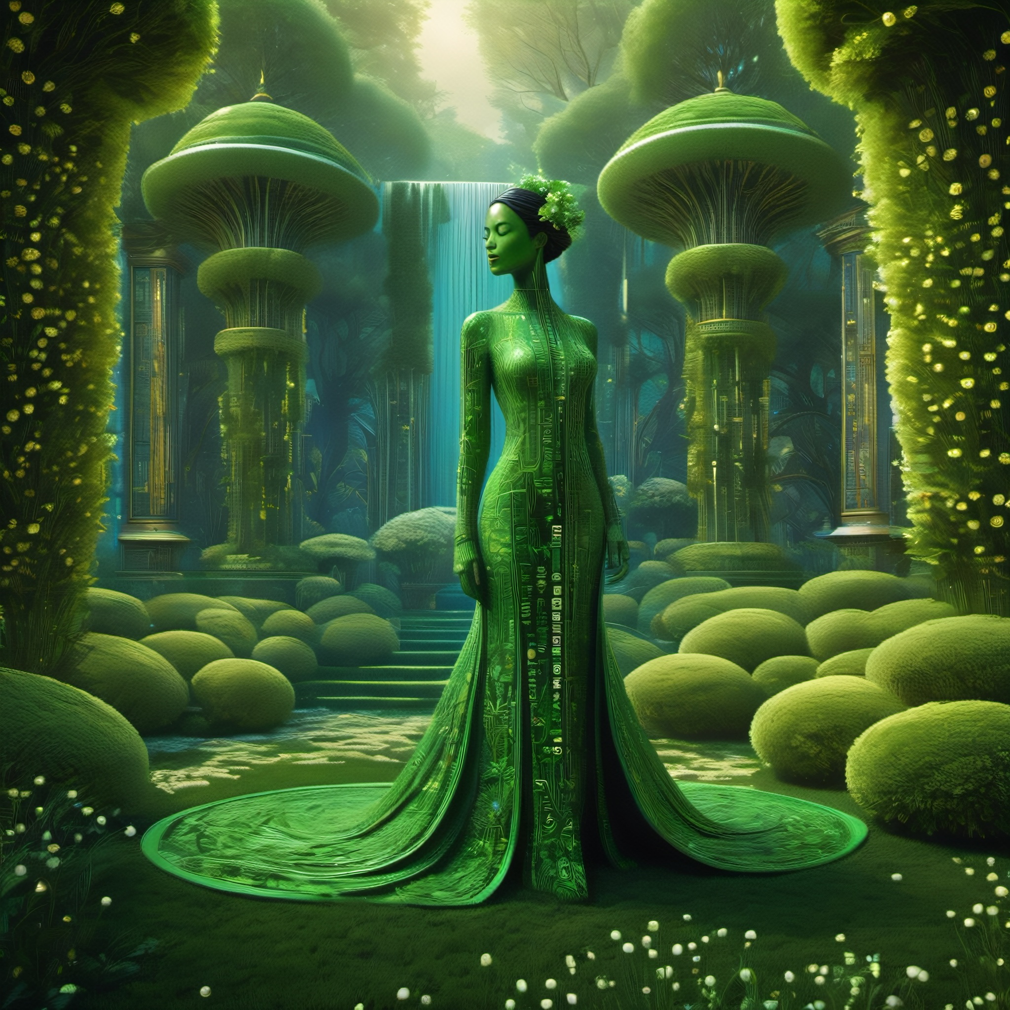 A Matrix code woman, adorned with floral elegance, stands amidst an enchanted garden. Her presence harmonizes with the blooming flora, creating a portrait that transcends the boundaries of the earthly realm.