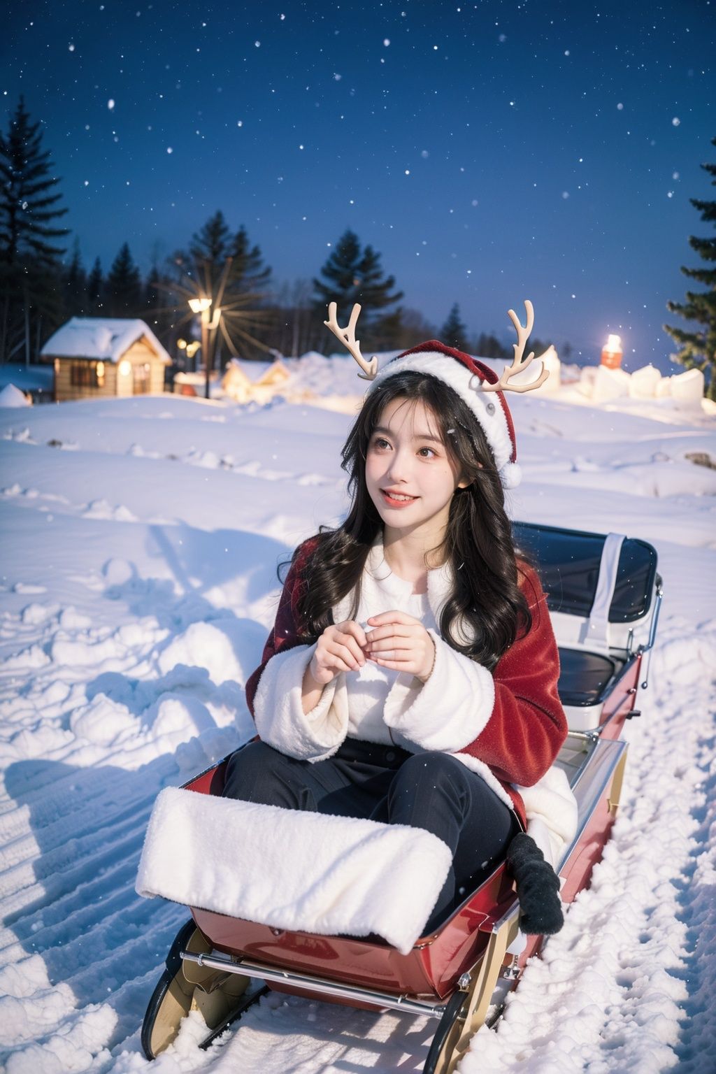  ((best quality)), magical scene, girl in reindeer costume playing in the snow, (rosy cheeks: 1.3),sledding down a hill happily, (seasonal delight:1.2), feeling like one of Santa's reindeers, (blue hour lighting:1.1), whitechristmas,
