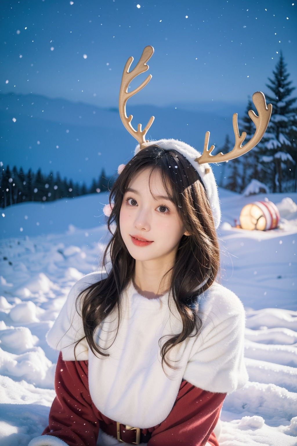  ((best quality)), magical scene, girl in reindeer costume playing in the snow, (rosy cheeks: 1.3),sledding down a hill happily, (seasonal delight:1.2), feeling like one of Santa's reindeers, (blue hour lighting:1.1), whitechristmas,