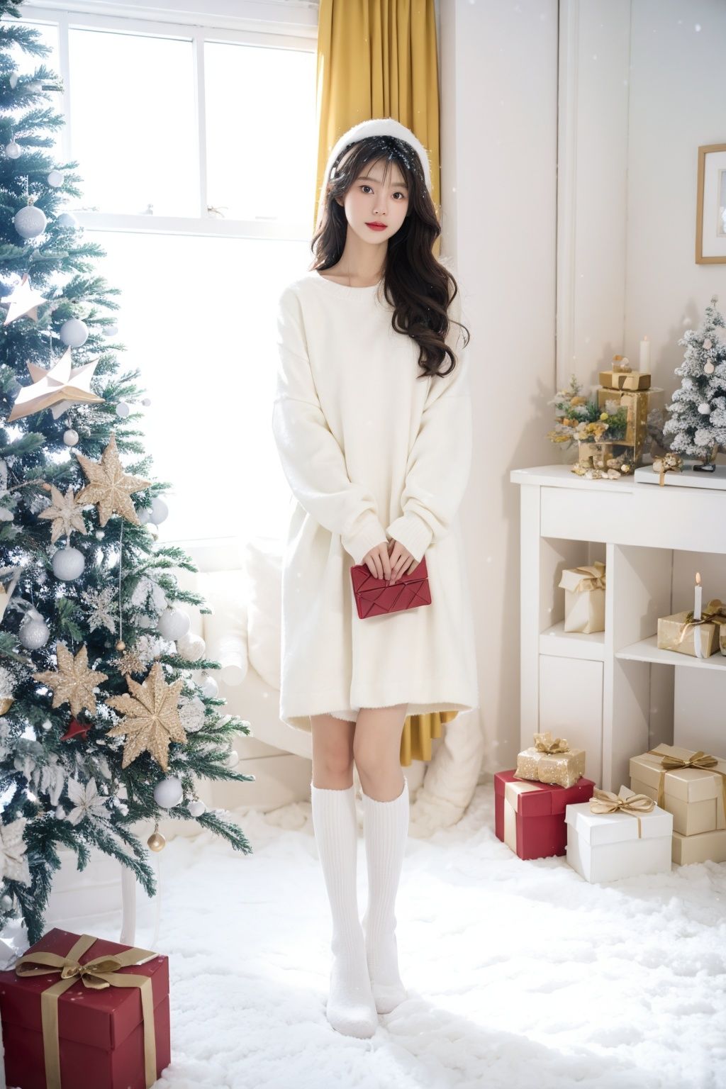 masterpiece，1girl，solo,standing，whitechristmas，snow，indoor
