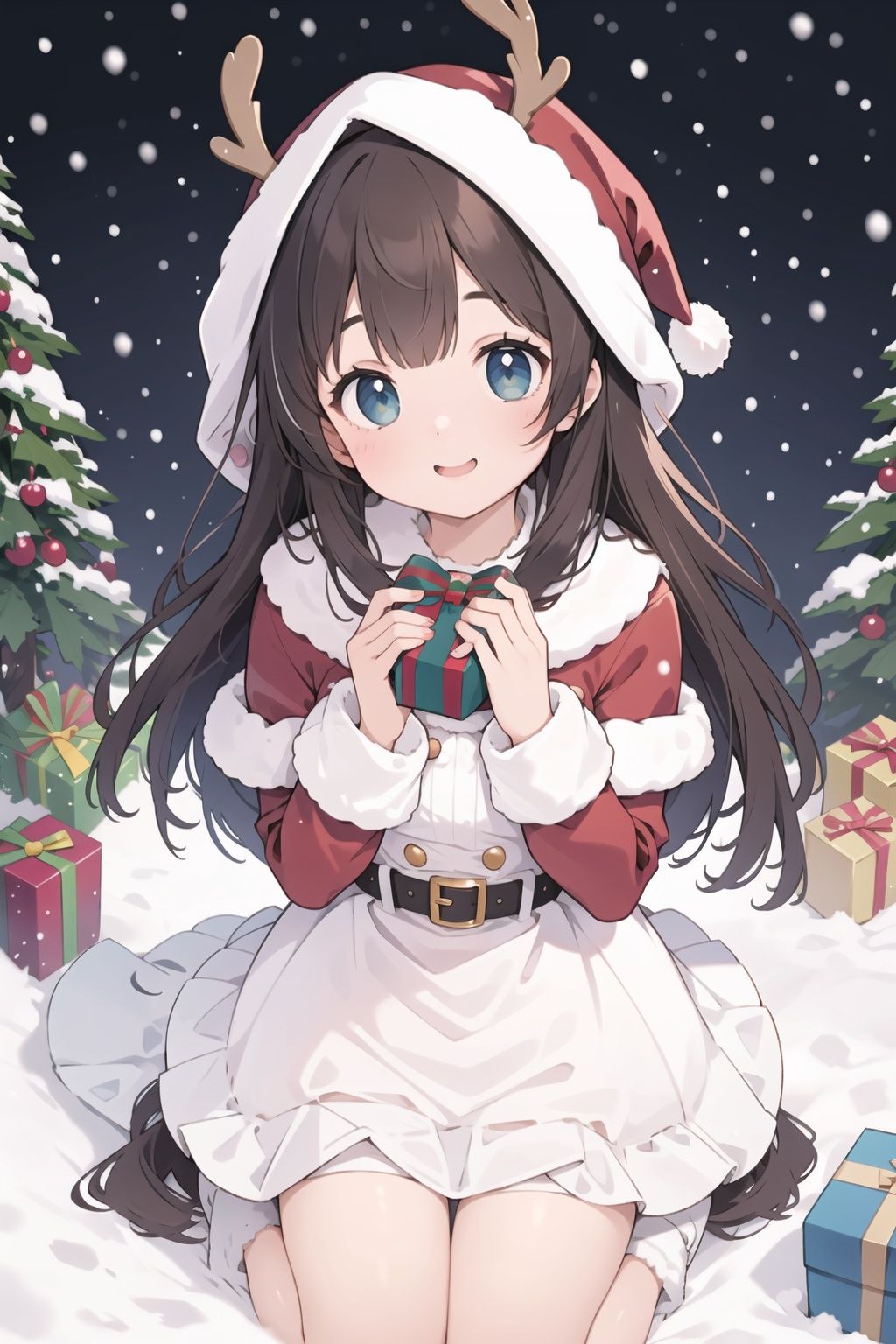  ((best quality)), magical scene, 1girl in reindeer costume playing in the snow,solo,(rosy cheeks: 1.3),sledding down a hill happily, (seasonal delight:1.2), feeling like one of Santa's reindeers, (blue hour lighting:1.1), whitechristmas,