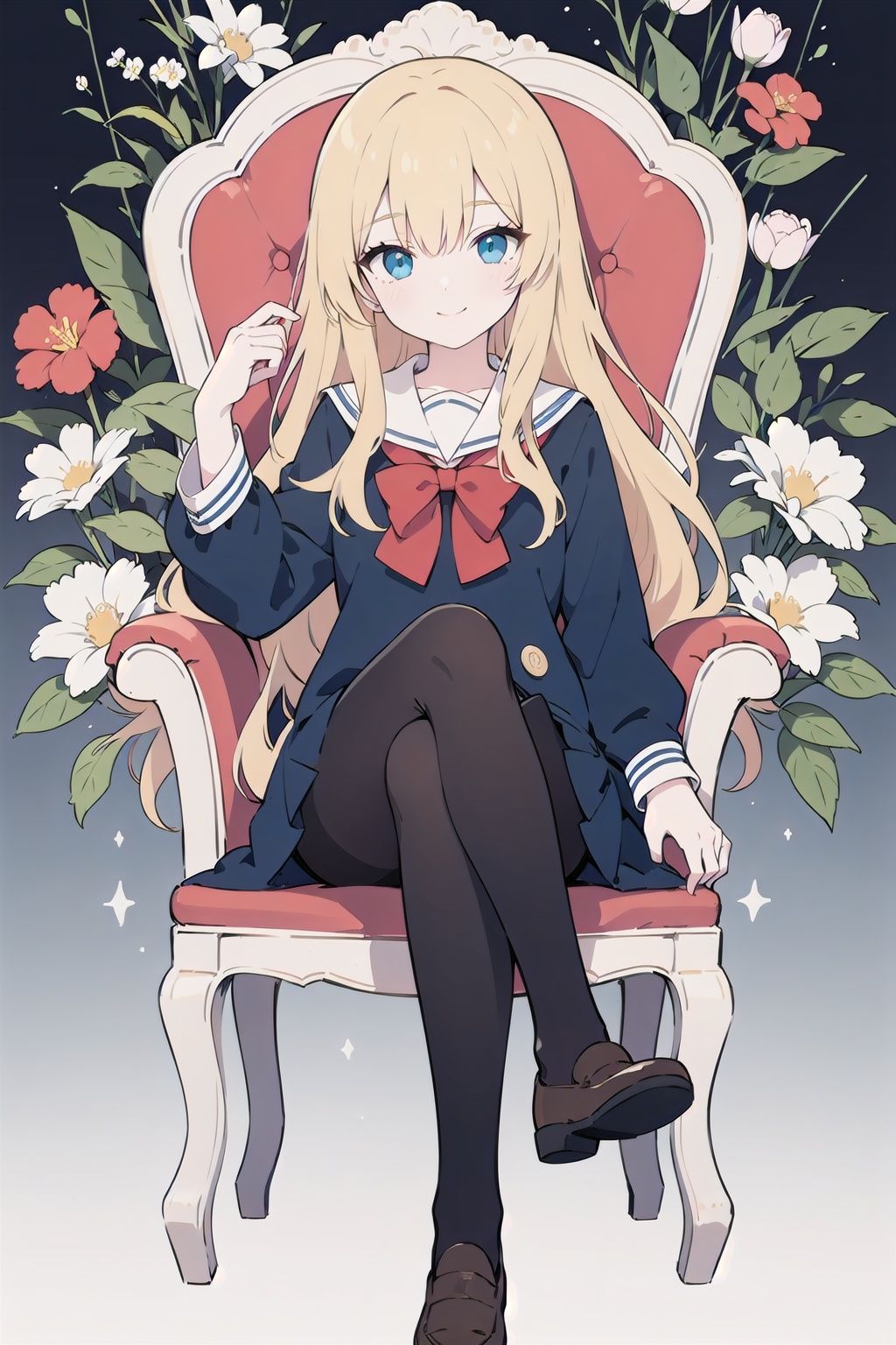 1girl, long hair, solo, blue eyes, serafuku, green ribbon, blonde hair, long sleeves, pleated, clear eyes, (black pantyhose), look at viewer, depth of field, bloom effect, floral background, red bow, crossed legs, sitting, loafers, chair, light smile