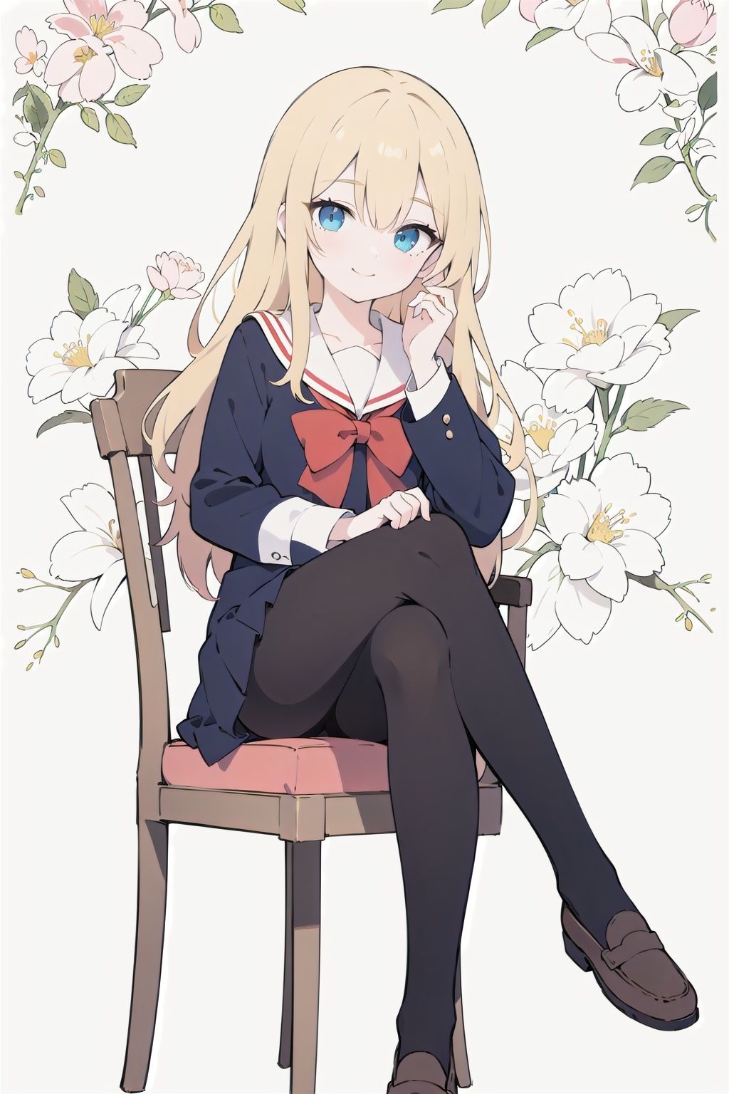 1girl, long hair, solo, blue eyes, serafuku, green ribbon, blonde hair, long sleeves, pleated, clear eyes, (black pantyhose), look at viewer, depth of field, bloom effect, floral background, red bow, crossed legs, sitting, loafers, chair, light smile