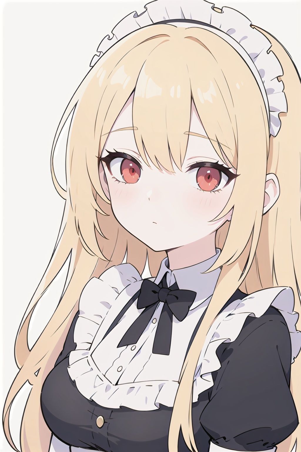 scales,big breasts,red eyes,expressionless,blonde hair,white_background,victorian maid dress,upper_body,close-up,long hair,portrait,(looking at viewer:1.2),