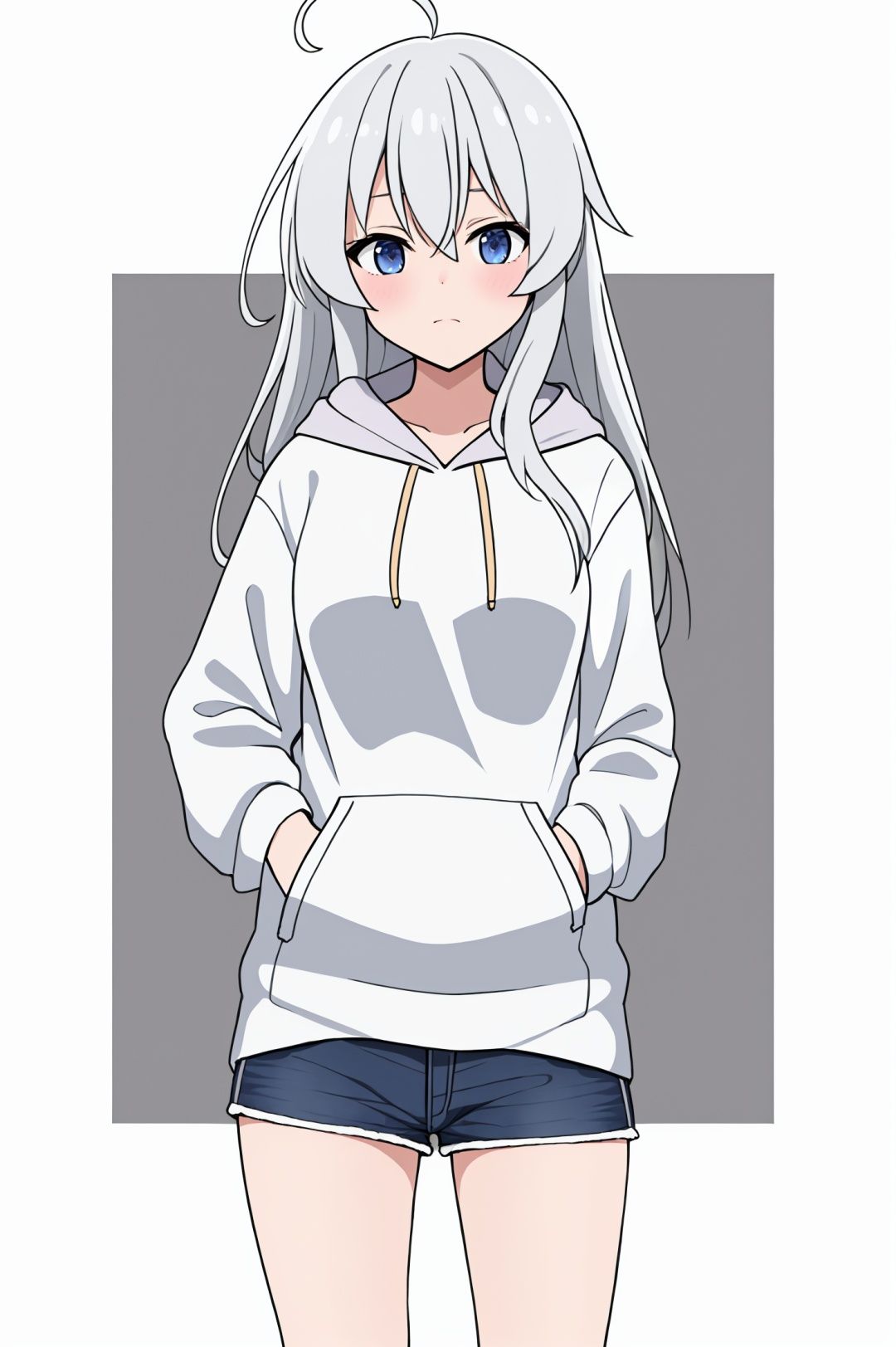 Blank background,masterpiece,best quality,<lora:ELAINA_20231121164917:0.4>,hoodie,hand in pocket,shorts,