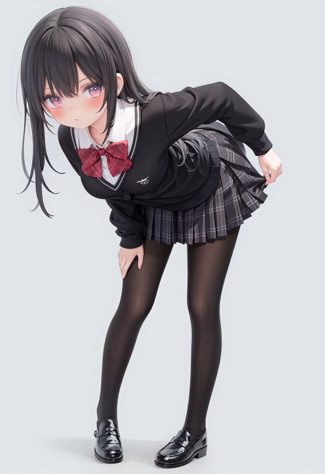  1girl, solo, pantyhose, skirt, long hair, loafers, shoes, simple background, school uniform, brown eyes, plaid, black pantyhose, plaid skirt, looking at viewer, black hair, pantyhose pull, full body, clothes pull, black footwear, pleated skirt, leaning forward, bangs, long sleeves, bent over, cardigan, bow, bowtie, standing, closed mouth, pulled by self, grey background, blush, miniskirt, red bow, sweater, **********