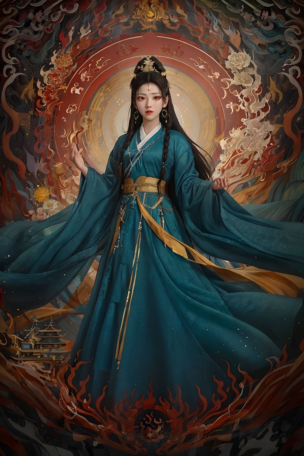 masterpiece,best quality,dunhuangyishu\(huafeng\),1girl,black hair,blue long dress,shawl,Chinese clothes,closed mouth,dragon,dress,earrings,facial marks,floating,flowers,forehead marks,whole body,bun,hair accessories,hands up,Hanfu,jewelry,long hair,long sleeves,looking at the audience,<lora:dunhuanghuafeng-000006:0.65>,