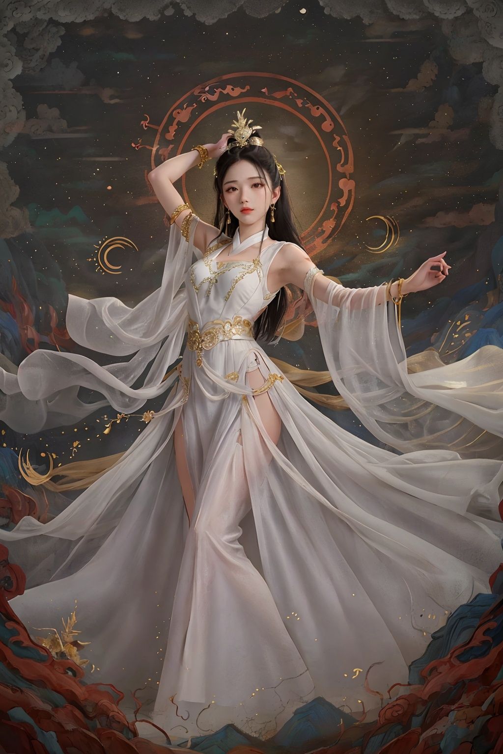 masterpiece,best quality,dunhuangyishu\(huafeng\),1Girl, arms up, white dress, embroidered dress, bracelet, brown eyes, Chinese dress, closed mouth, cloud, crescent moon, crescent moon, crown, dancing,,<lora:dunhuanghuafeng-000006:0.65>,