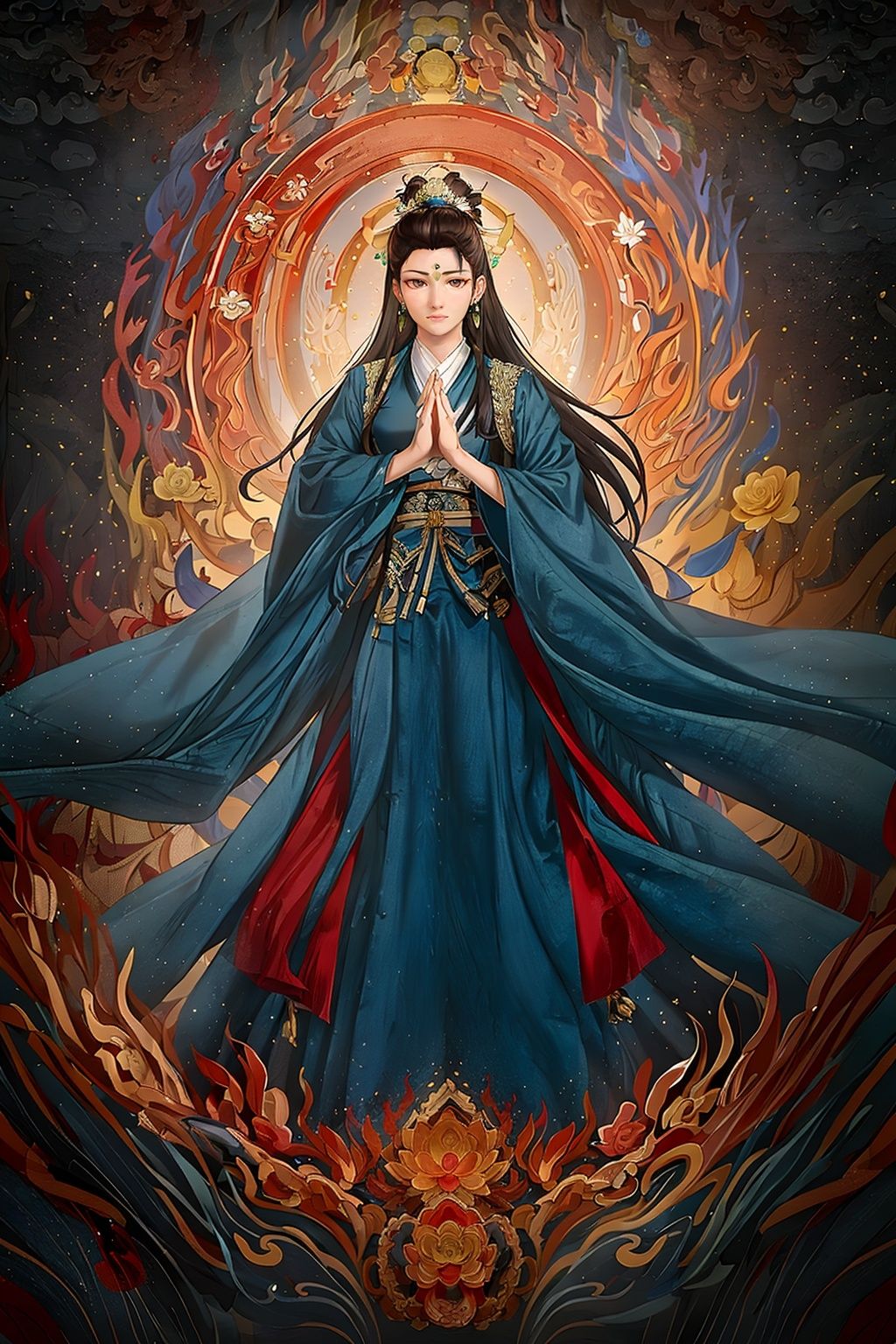 masterpiece,best quality,dunhuangyishu\(huafeng\),1boy,1girl,bird,black hair,blue ribbon,chinese clothes,closed mouth,dress,earrings,facial mark,flower,forehead mark,full body,hair bun,hair flower,hair ornament,halo,hands up,hanfu,index fingers together,jewelry,long hair,long sleeves,looking at viewer,lotus,male focus,own hands together,ribbon,<lora:dunhuanghuafeng-000008:0.65>,