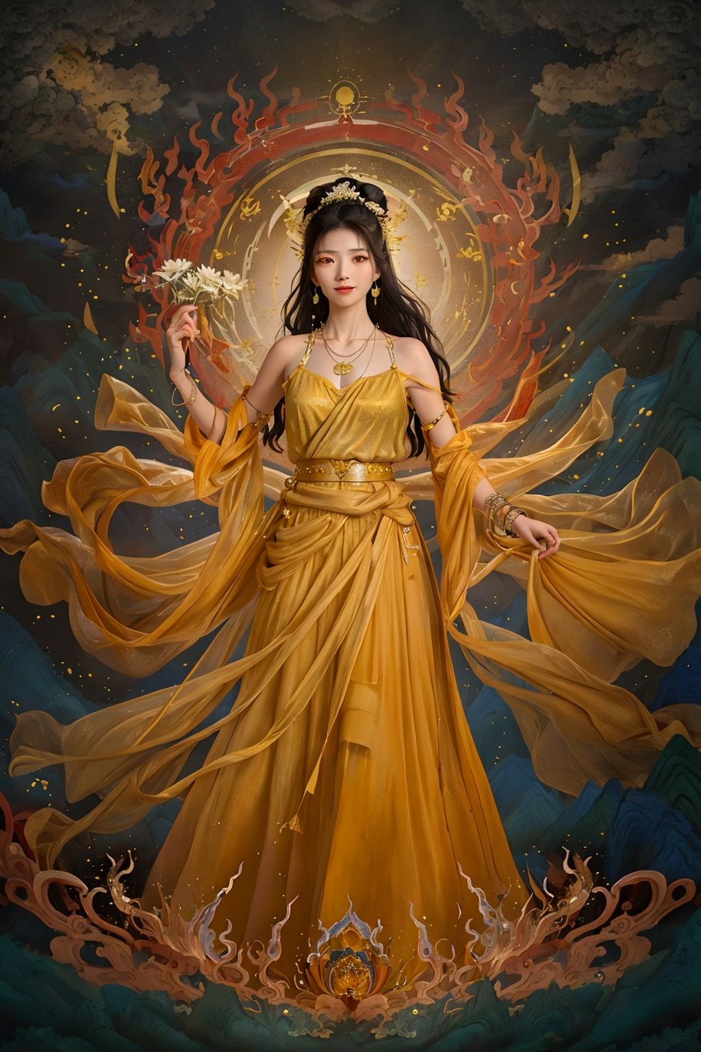 masterpiece,best quality,dunhuangyishu\(huafeng\),1girl,armlet,bare shoulders,beads,bird,black hair,bracelet,brown eyes,chinese clothes,closed mouth,cloud,collarbone,dress,earrings,facial mark,fine art parody,flower,forehead mark,full body,hagoromo,hair bun,hair ornament,hair rings,halo,hanfu,holding,holding weapon,jewelry,long hair,long skirt,looking at viewer,looking to the side,lotus,mountain,necklace,red dress,sash,shawl,single hair bun,skirt,sky,sleeveless,smile,solo,standing,upper body,water,waves,weapon,yellow dress,yellow eyes,<lora:dunhuanghuafeng-000006:0.65>,